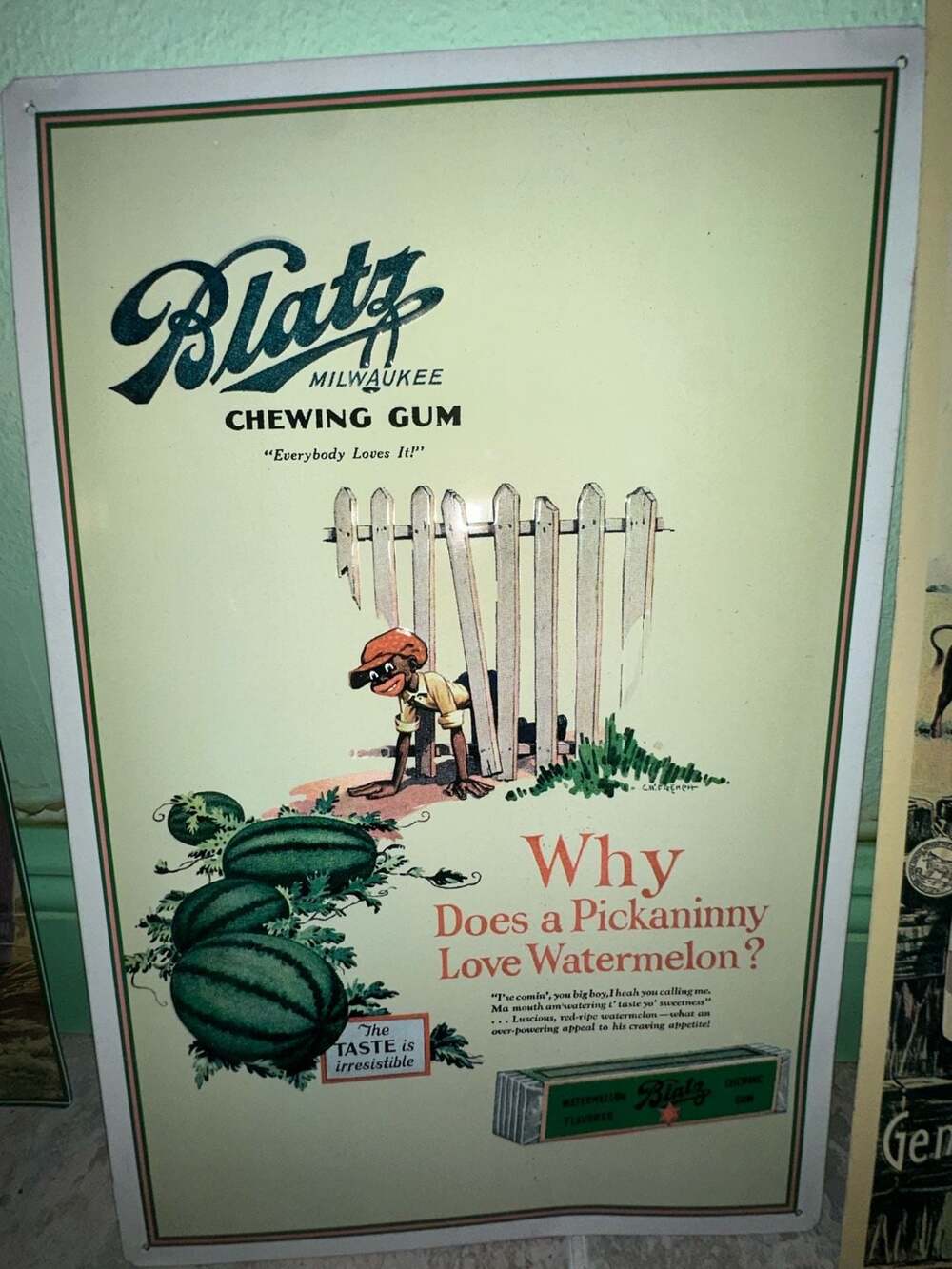 Blatz Milwaukee Chewing Gum Metal Advertising Sign